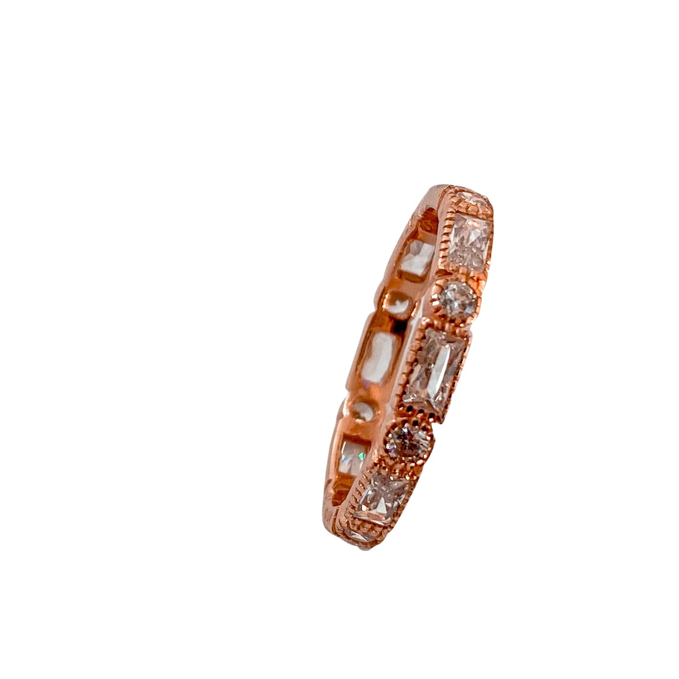 Anillo Cintillo Rectangulos y Circulos de Circones con Bano de Oro Rosado