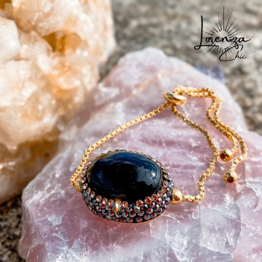 Plata 925 baño de oro Piedra Onix Natural y Cortes Cristal Swarovski