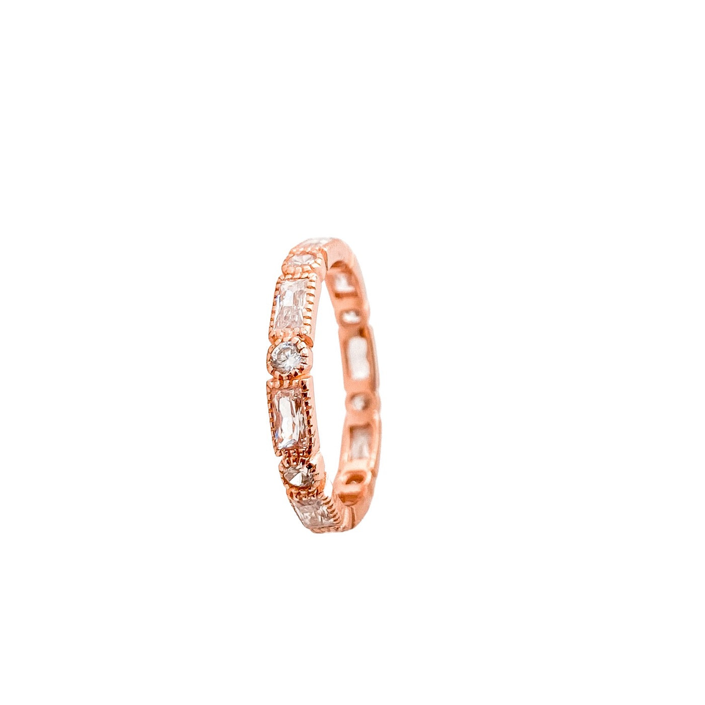Anillo Cintillo Rectangulos y Circulos de Circones con Bano de Oro Rosado